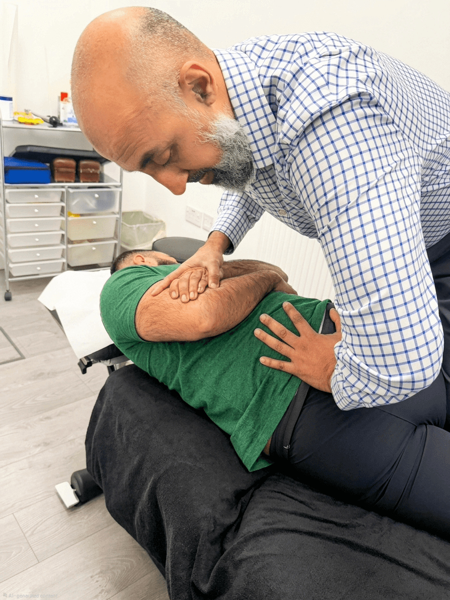 Chiropractor Dr Ashraf performing a side-lying sacroiliac joint adjustment on a patient.