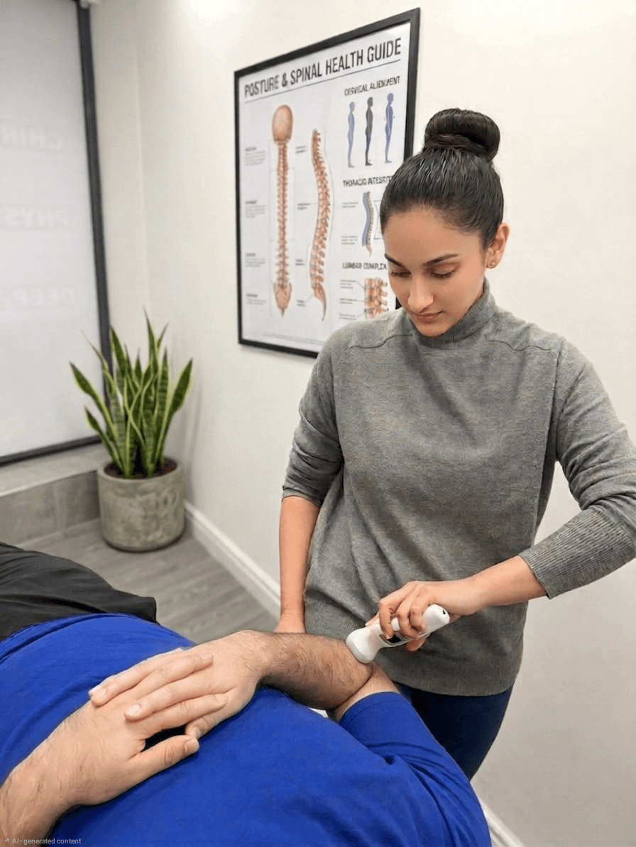 Physiotherapist treating a patient's knee with shockwave therapy