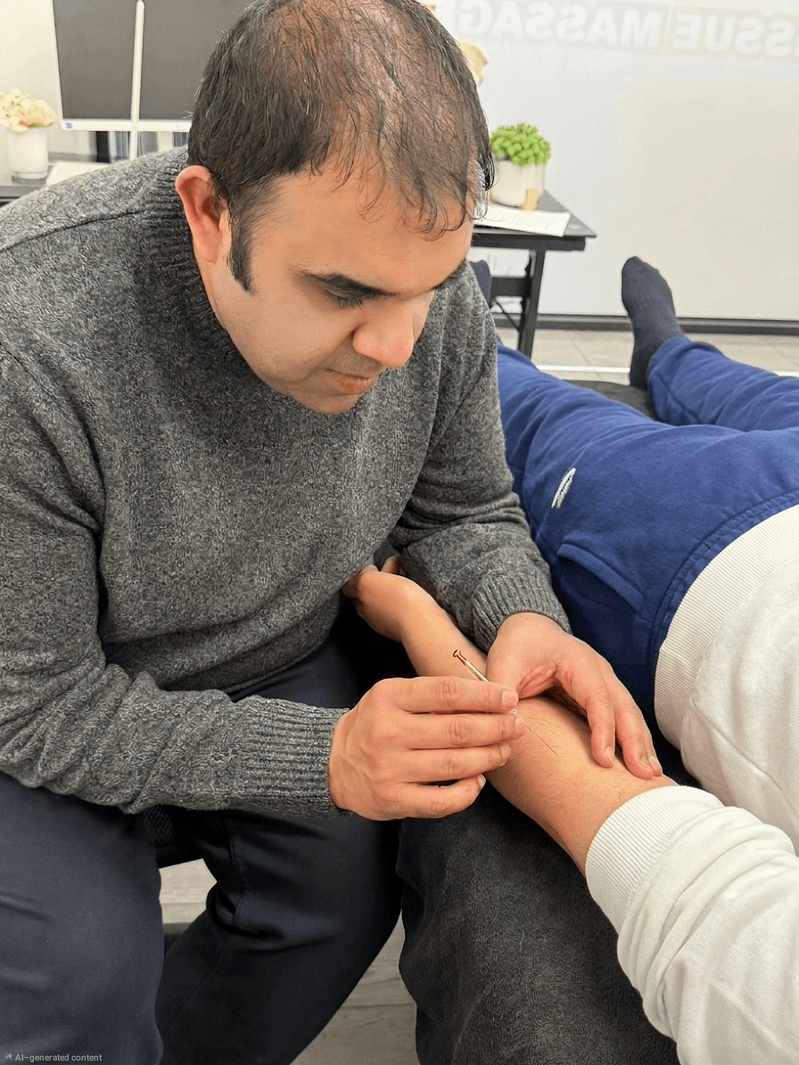 Close-up of dry needling to a patient's wrist