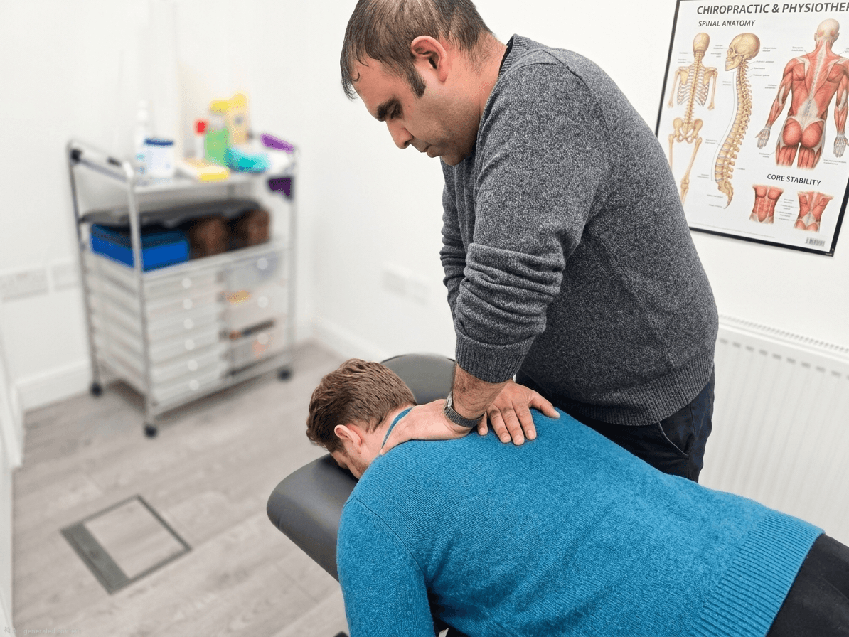 Practitioner treating a patient's upper back and shoulder